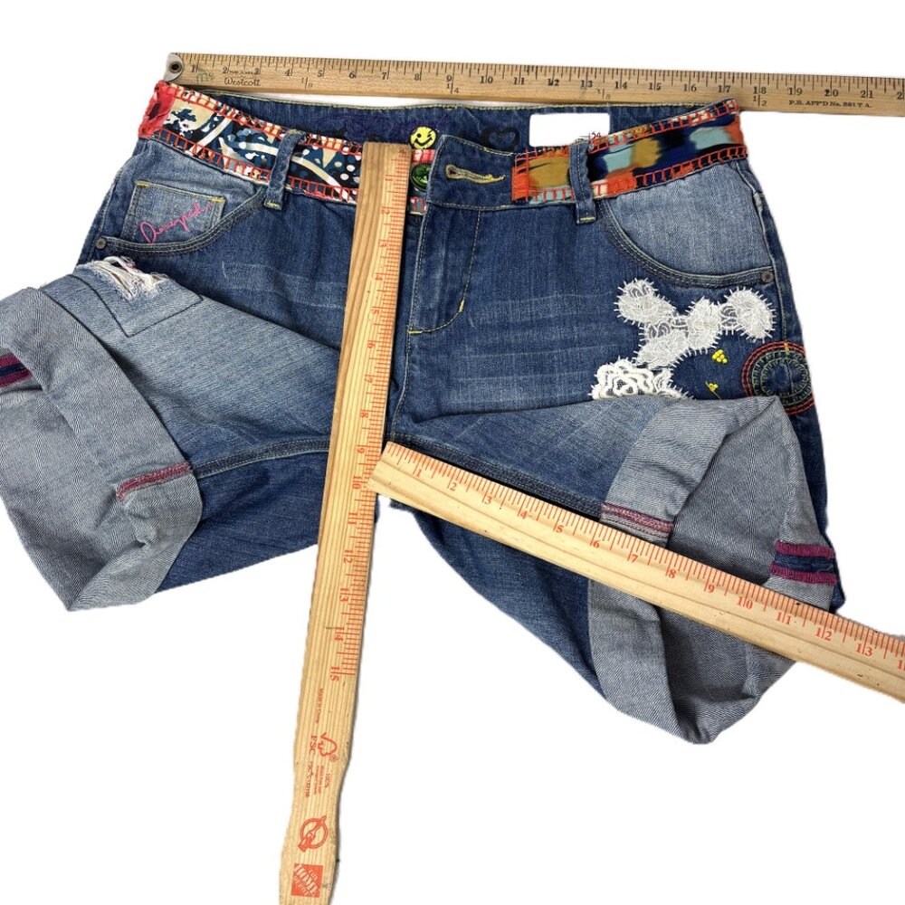 Desigual Denim High Waist Jean Shorts Life Embellished lace embroidery Size 34 - Picture 8 of 11